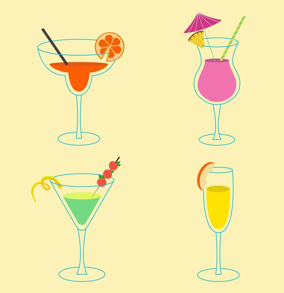 Set of fresh colorful cocktails. Summer drinks. vector