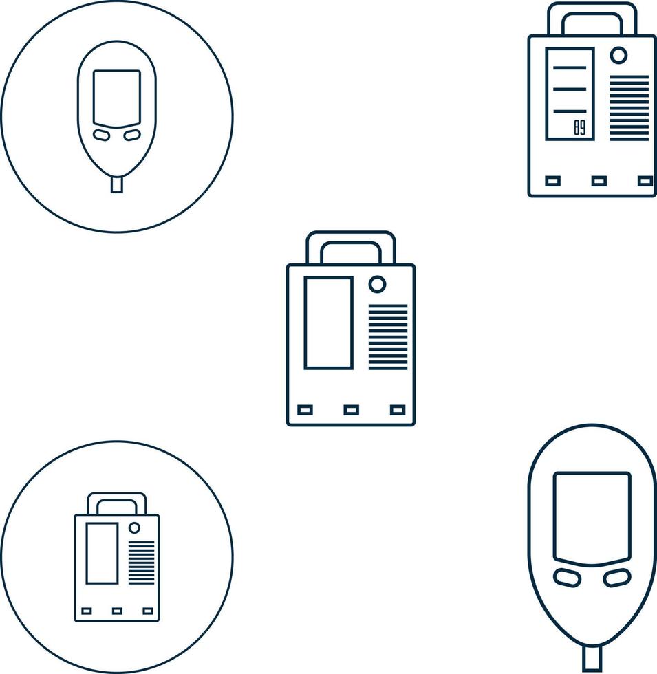 sangre glucosa metro pruebas icono, infusión bomba icono, ecg icono,electrónica glucosa metro icono conjunto .banda para diabetes . electrocardiografia supervisión icono, ecg monitor, ángulo, vector