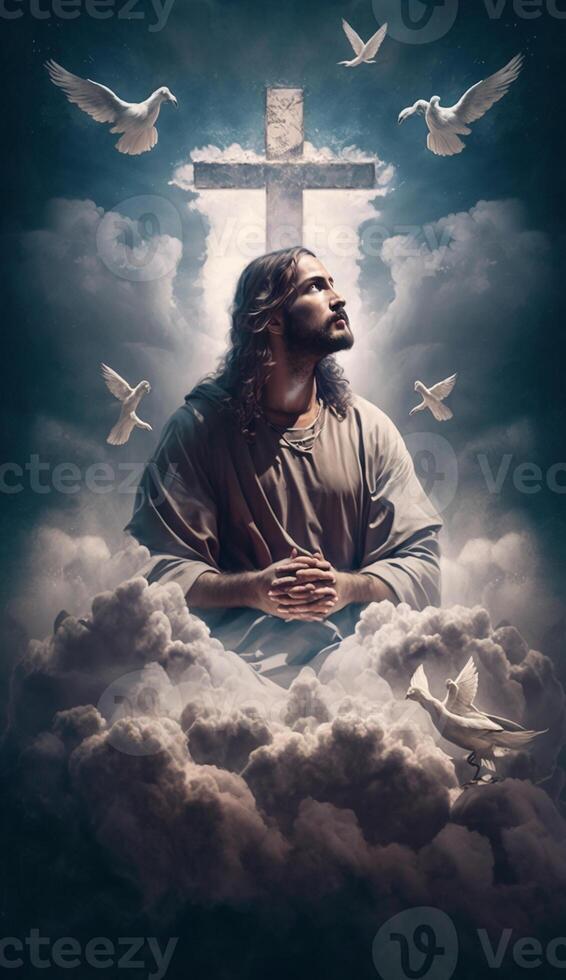 illustration of Jesus praying surrounded by doves on a cloud, 22784473