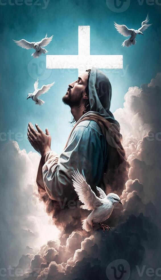 illustration of Jesus praying surrounded by doves on a cloud, photo