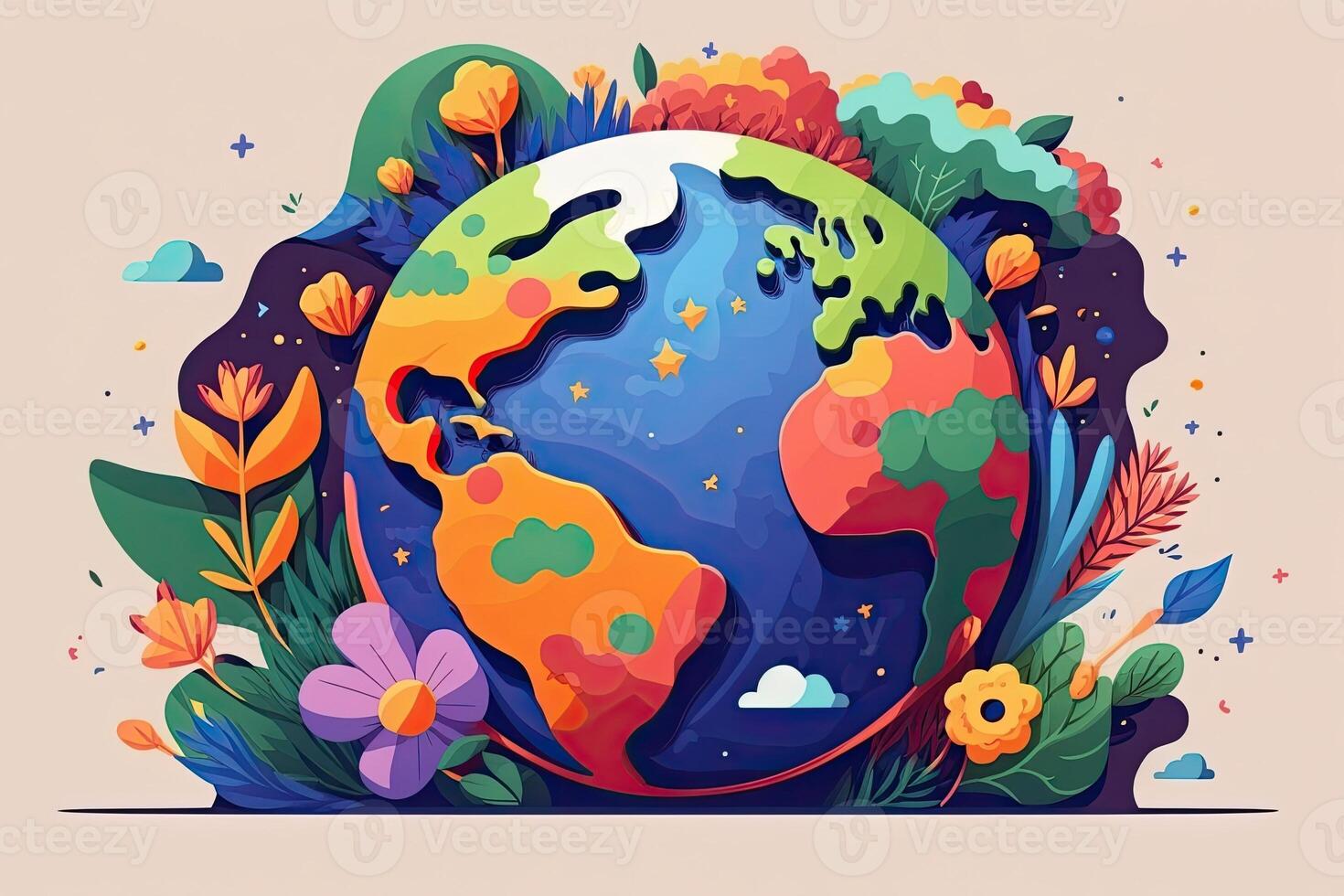 A bright cartoon postcard for Earth Day. .Illustrated earth in the shape of a ball. photo