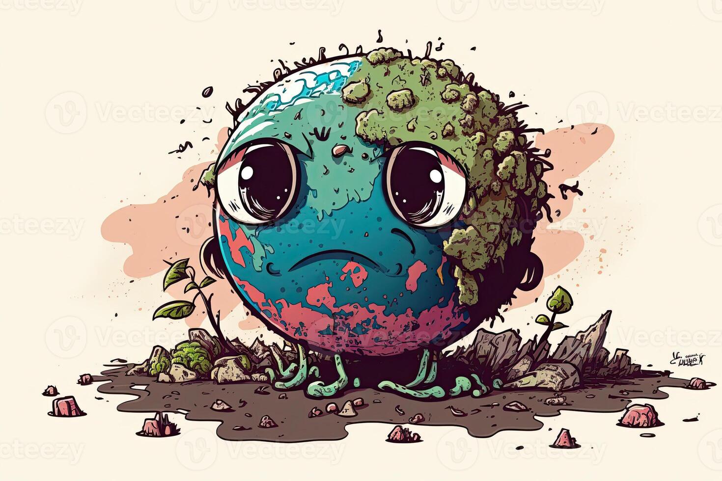The concept of World Environment Day. . Cartoon illustration of a sad globe .Air pollution caused by deforestation. World Earth Day. photo