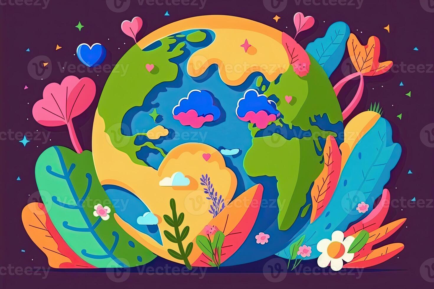 A bright cartoon postcard for Earth Day. .An illustrated earth with a smile in the shape of a ball. photo