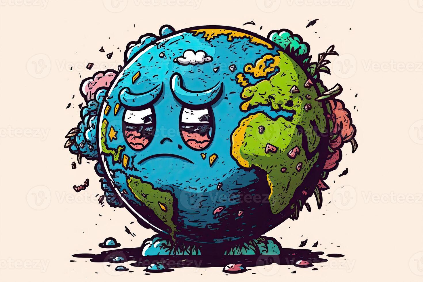 The concept of World Environment Day. . Cartoon illustration of a sad globe. World Earth Day. Air pollution as a result of deforestation and debris scattering. photo