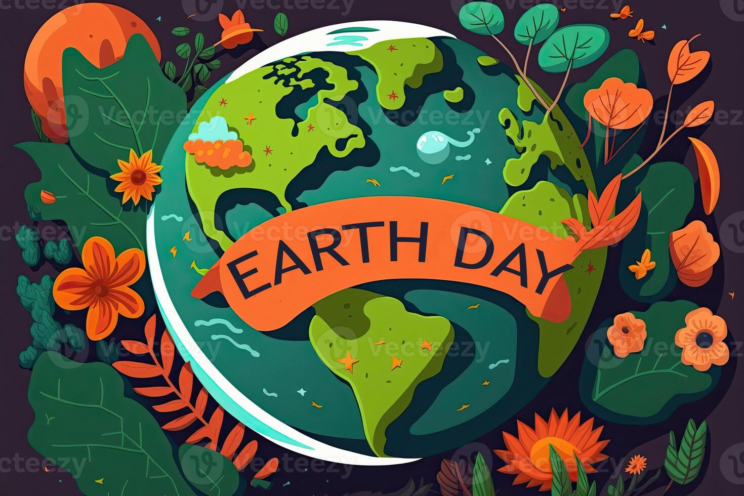 . The text is Earth Day. Cartoon postcard for Earth Day. Illustrated earth in the shape of a ball. photo