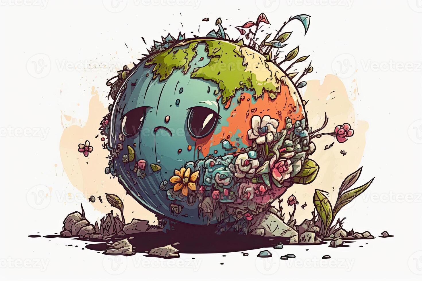 The concept of World Environment Day. . Cartoon illustration of a sad globe .Air pollution caused by deforestation. World Earth Day. photo