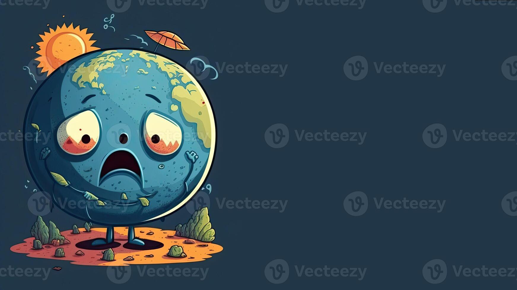 The concept of World Environment Day. . Cartoon illustration of a sad globe. World Earth Day. Climate change, global warming. photo