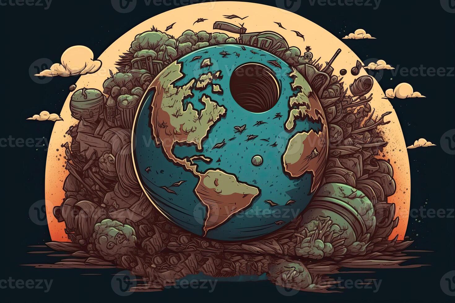 The concept of World Environment Day. . illustration of the globe in the style of a comic book. World Earth Day. Pollution of the planet, wars, warming. photo