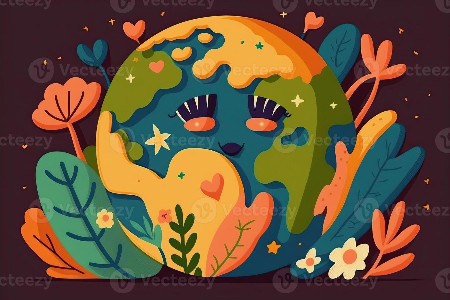 A bright cartoon postcard for Earth Day. .An illustrated earth with a smile in the shape of a ball. photo