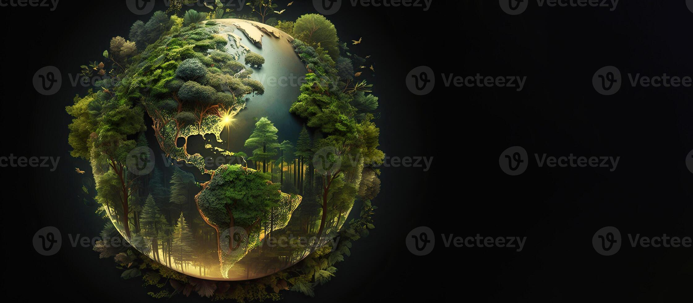 Generative artificial intelligence. Realistic illustrated planet earth in the shape of a ball. cartoon postcard for Earth Day. Horizontal wide, cover. copy-space. photo