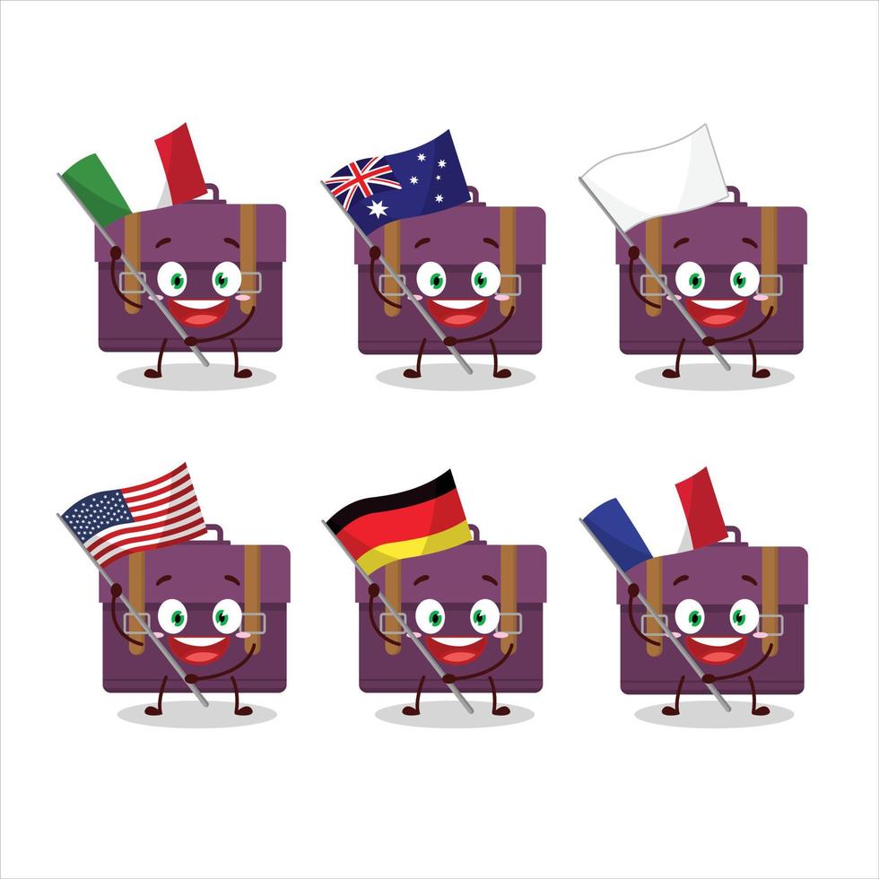 púrpura maleta dibujos animados personaje traer el banderas de varios países vector