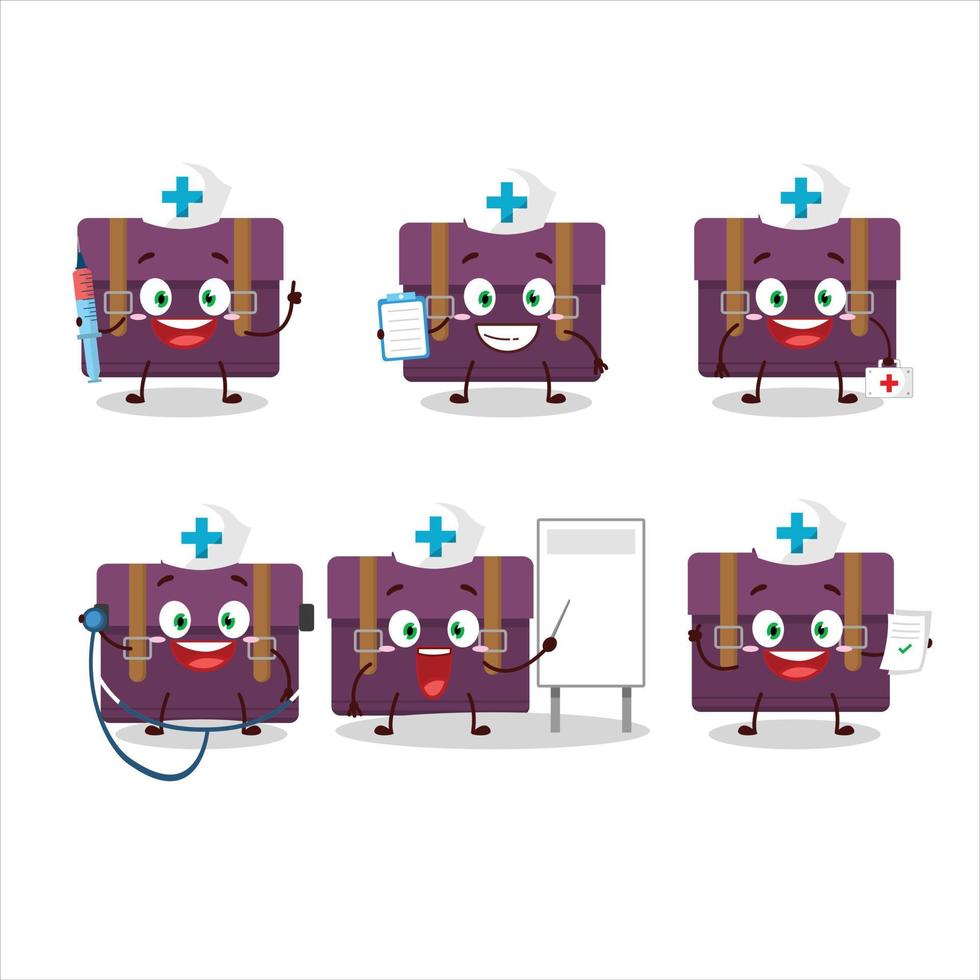 médico profesión emoticon con púrpura maleta dibujos animados personaje vector