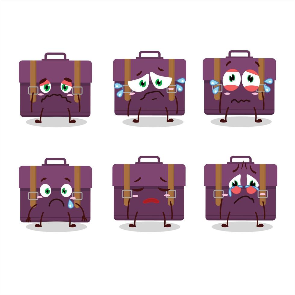 púrpura maleta dibujos animados personaje con triste expresión vector
