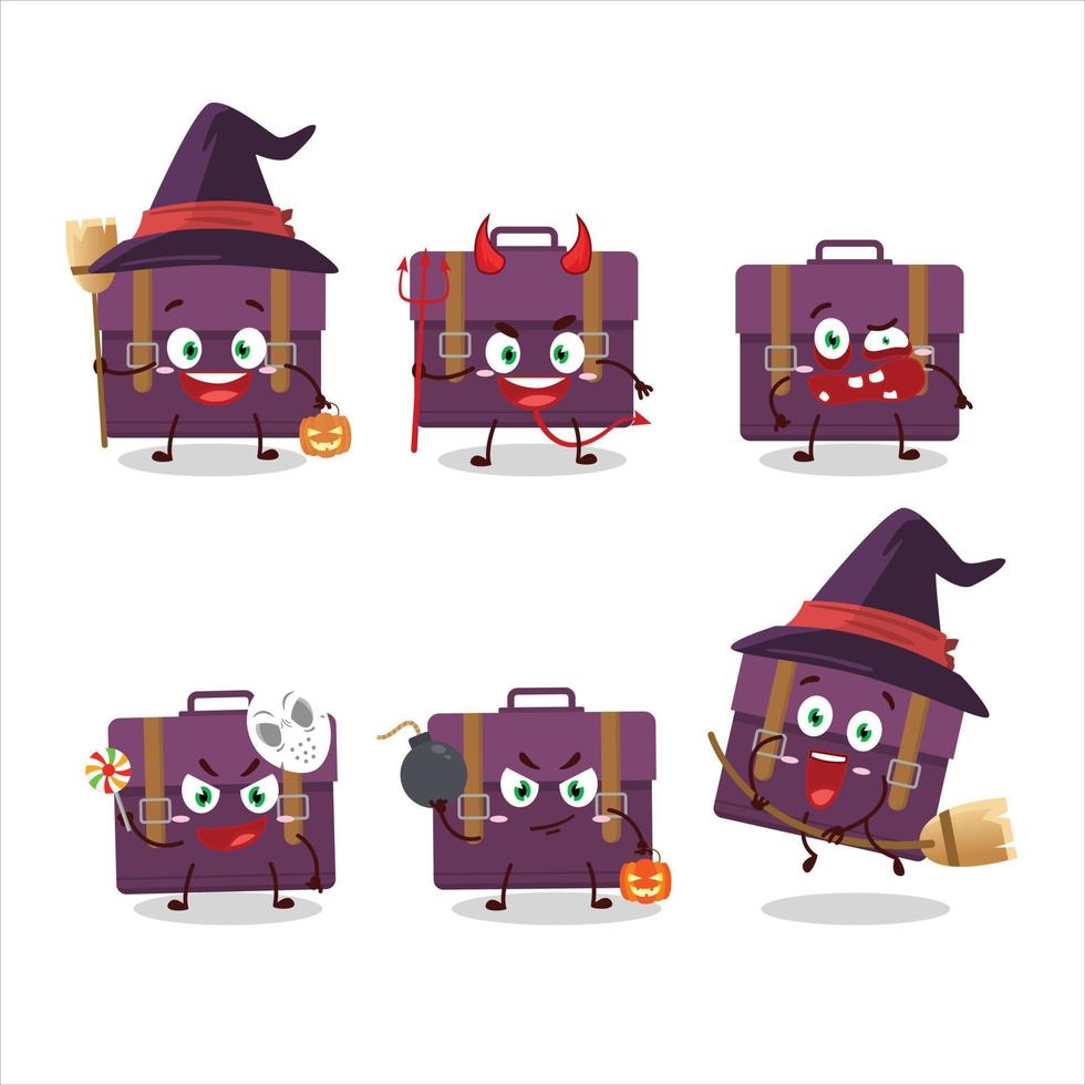 Víspera de Todos los Santos expresión emoticones con dibujos animados personaje de púrpura maleta vector