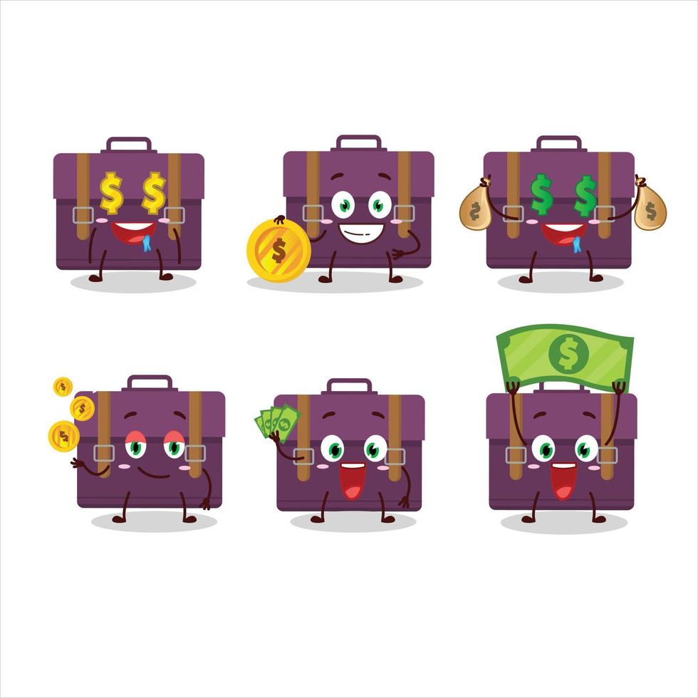 Purple suitcase cartoon character with cute emoticon bring money vector
