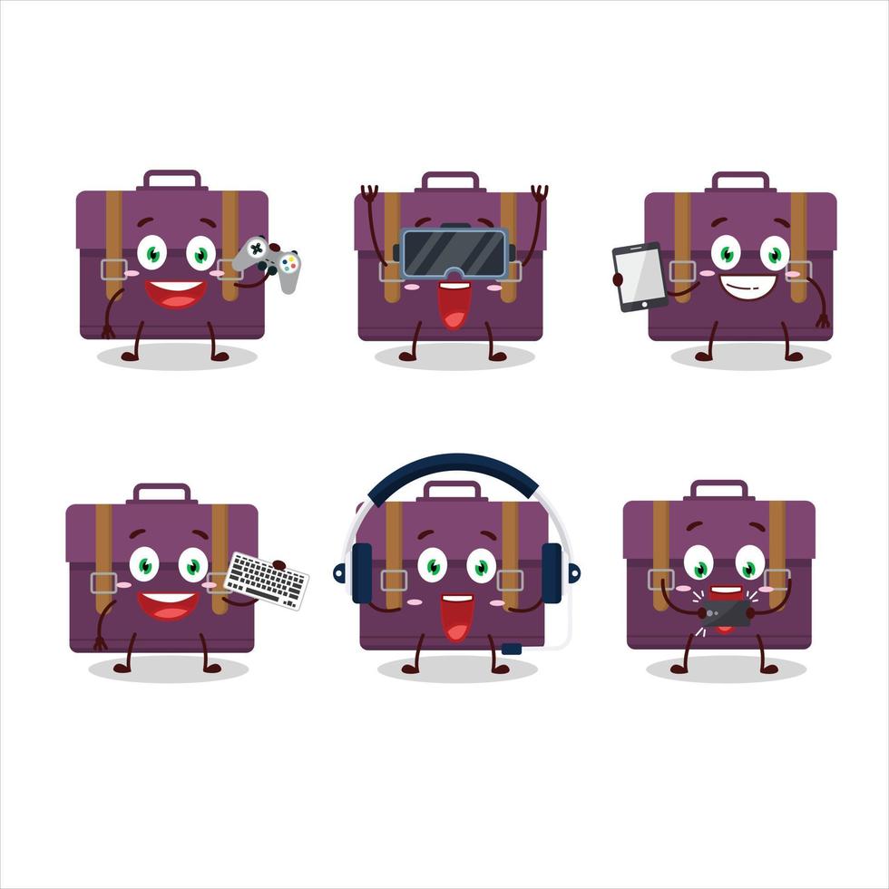 Purple suitcase cartoon character are playing games with various cute emoticons vector