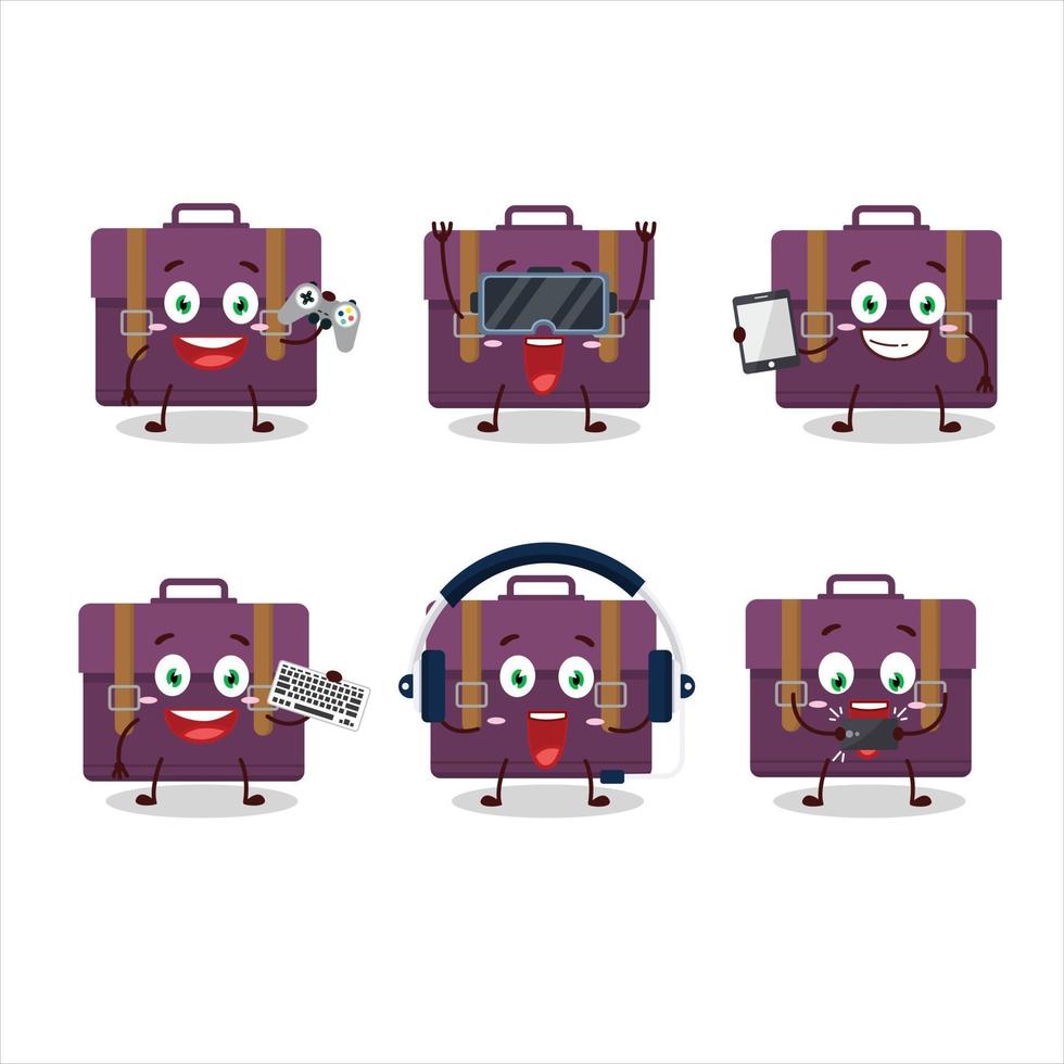 púrpura maleta dibujos animados personaje son jugando juegos con varios linda emoticones vector