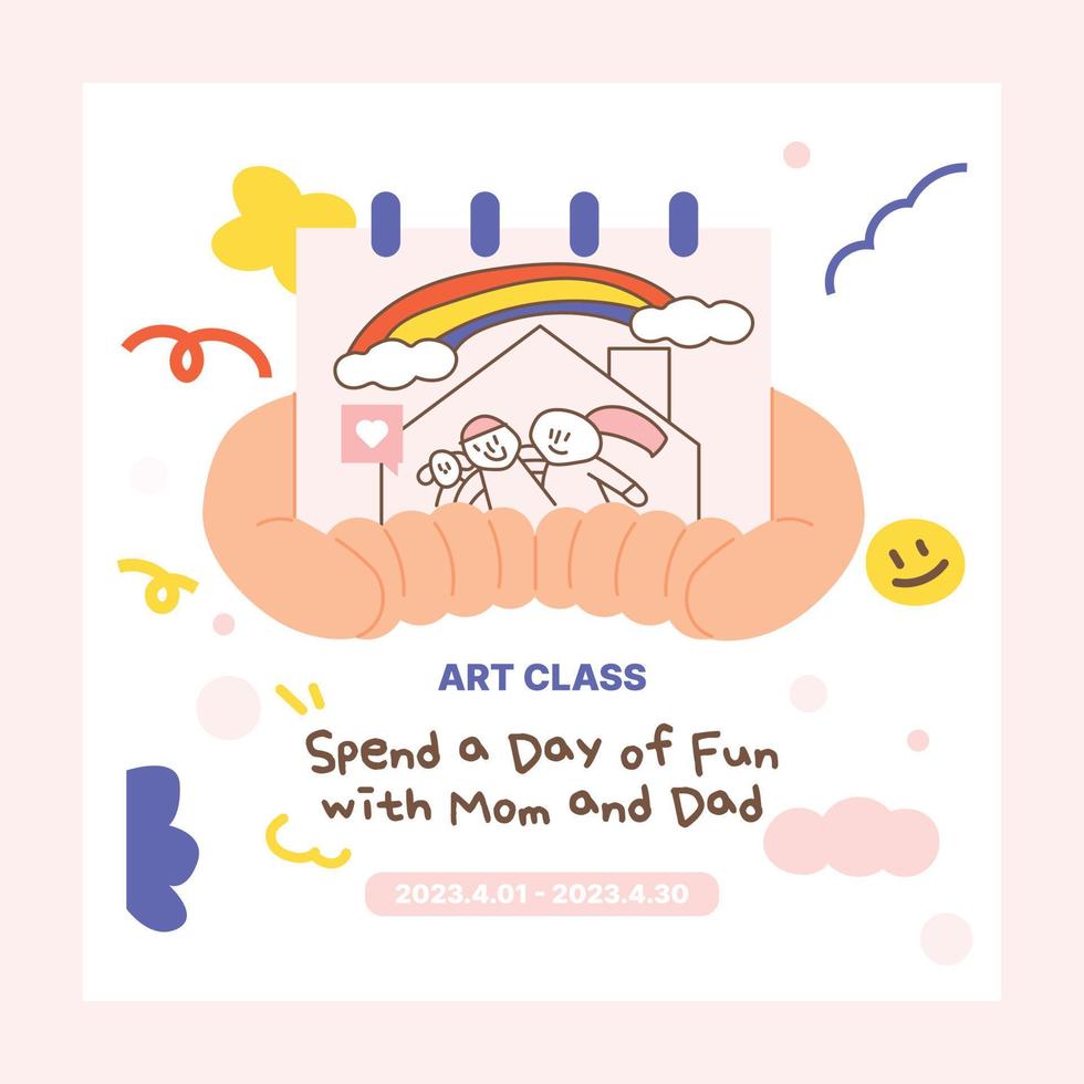 family month. Two hands holding a picture drawn by a child. Event web banner. vector