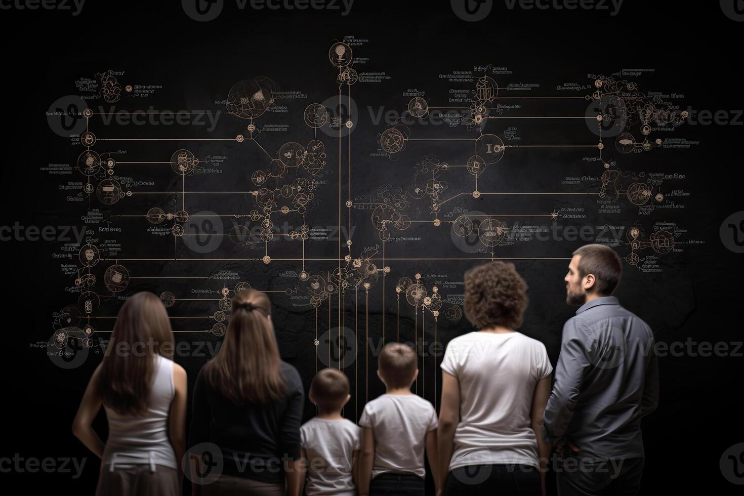 Different generations of family stand together against dark abstract background. photo
