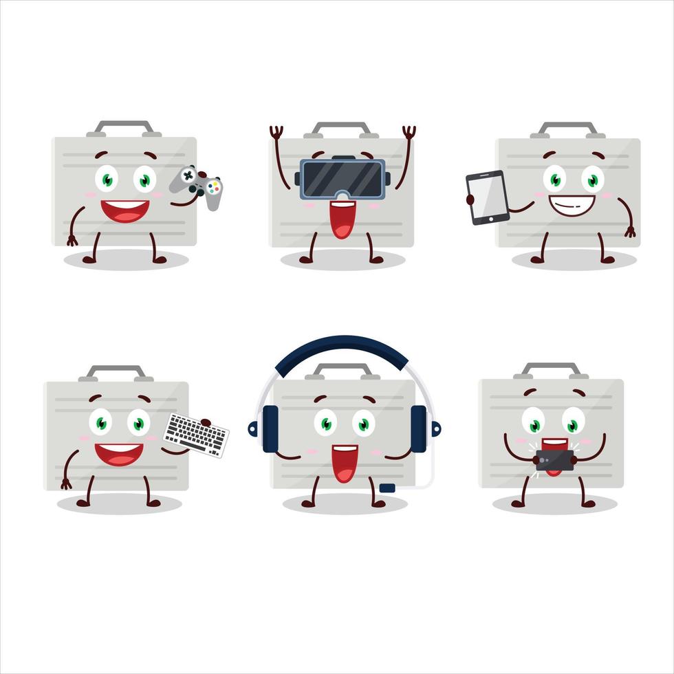 Silver suitcase cartoon character are playing games with various cute emoticons vector