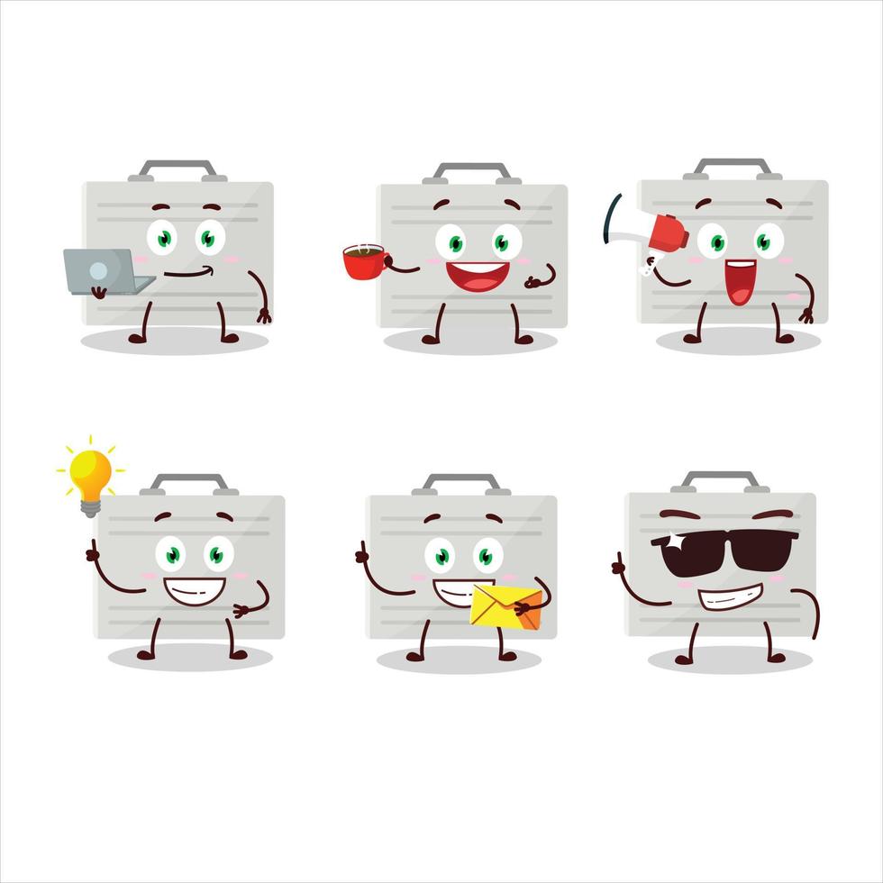 Silver suitcase cartoon character with various types of business emoticons vector