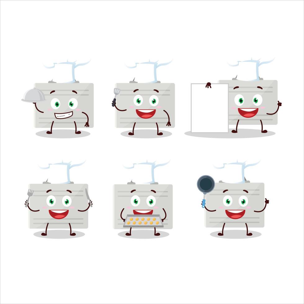 dibujos animados personaje de plata maleta con varios cocinero emoticones vector