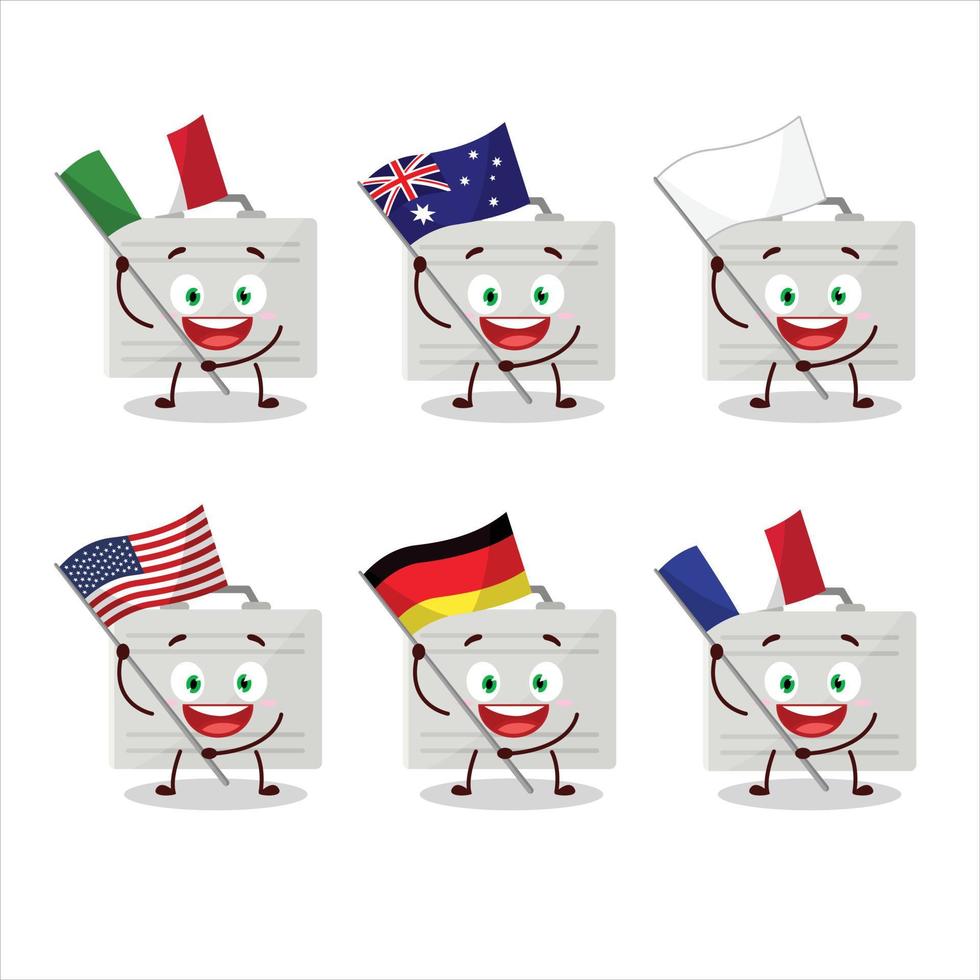 Silver suitcase cartoon character bring the flags of various countries vector