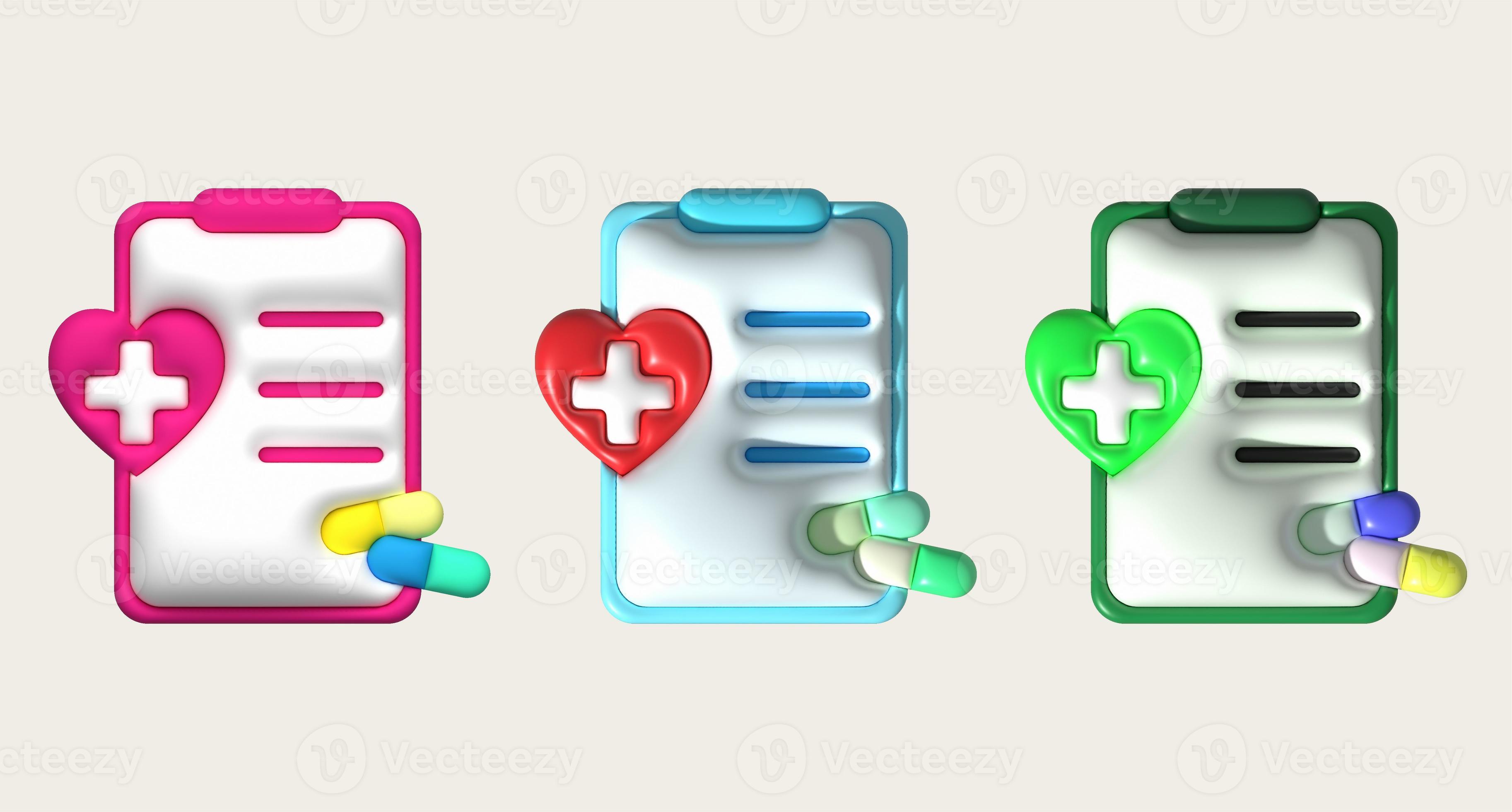 ilustración 3d de un corazón memorándum tablero y medicina detalles