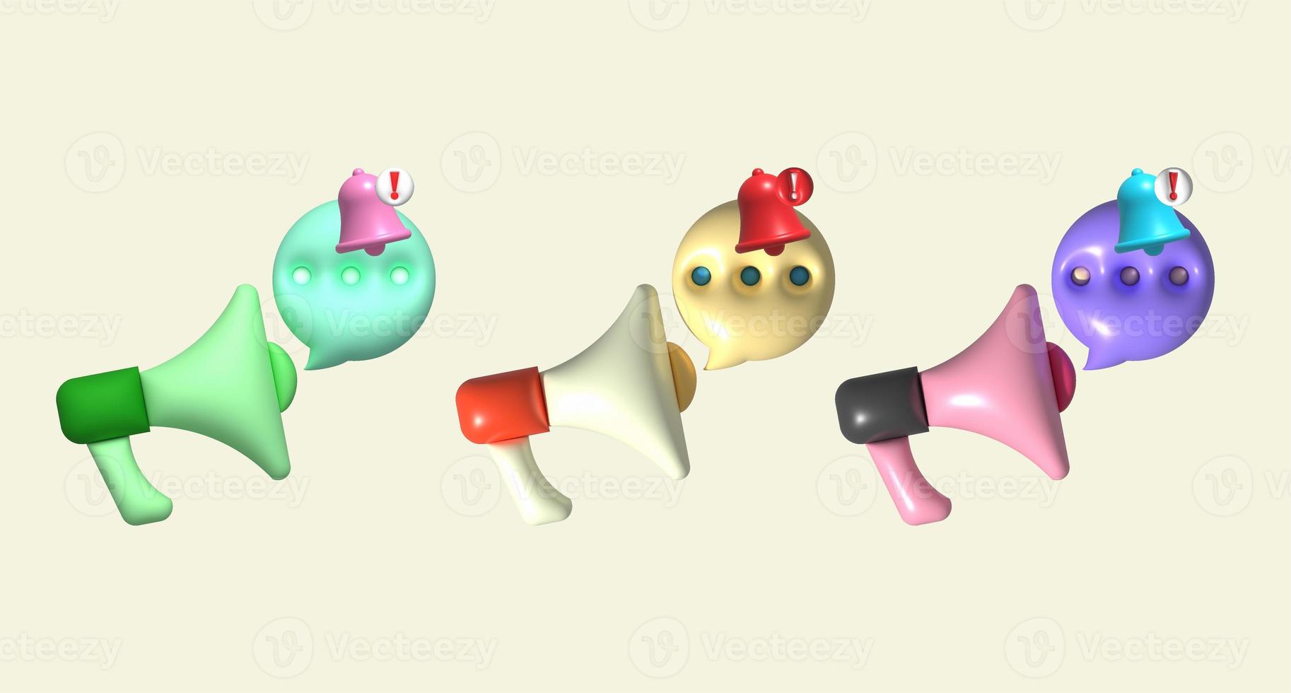 illustration 3D . Announcement megaphone with message notification bell. photo