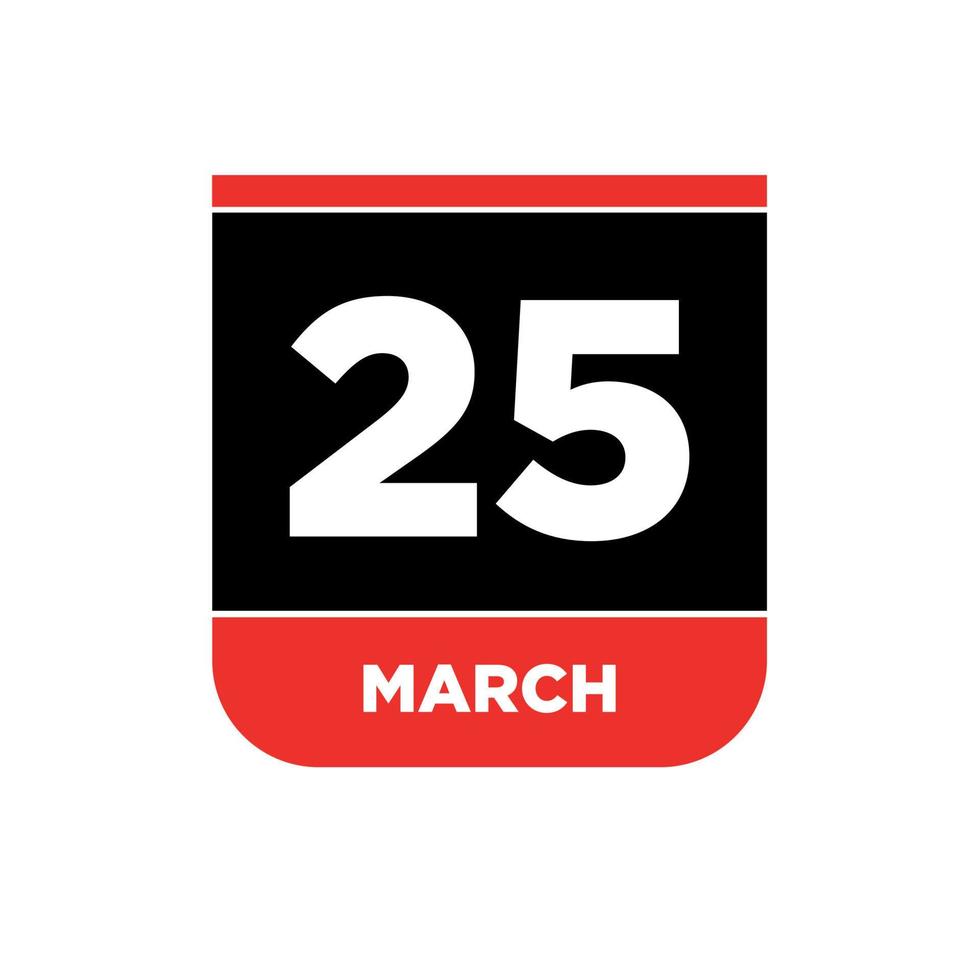 25th March Calendar vector icon. 25 March typography.