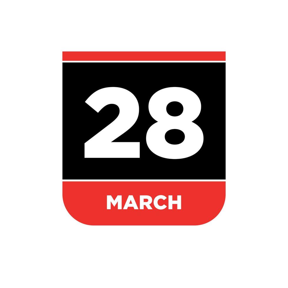 28th March Calendar vector icon. 28 March typography.