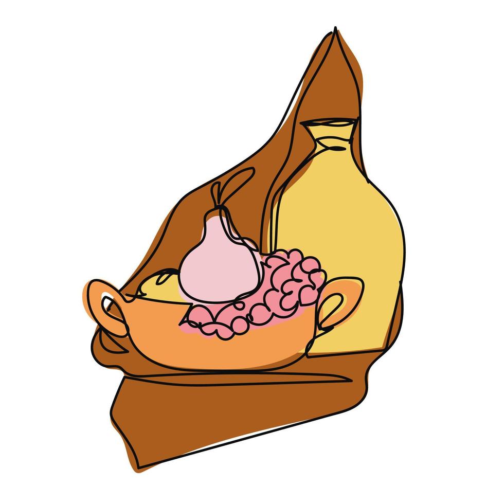 Abstract still life composition in pastel colors. Hand drawn vase, leaves and shapes. Contemporary art vector illustration for print t-shirts, cards, posters.