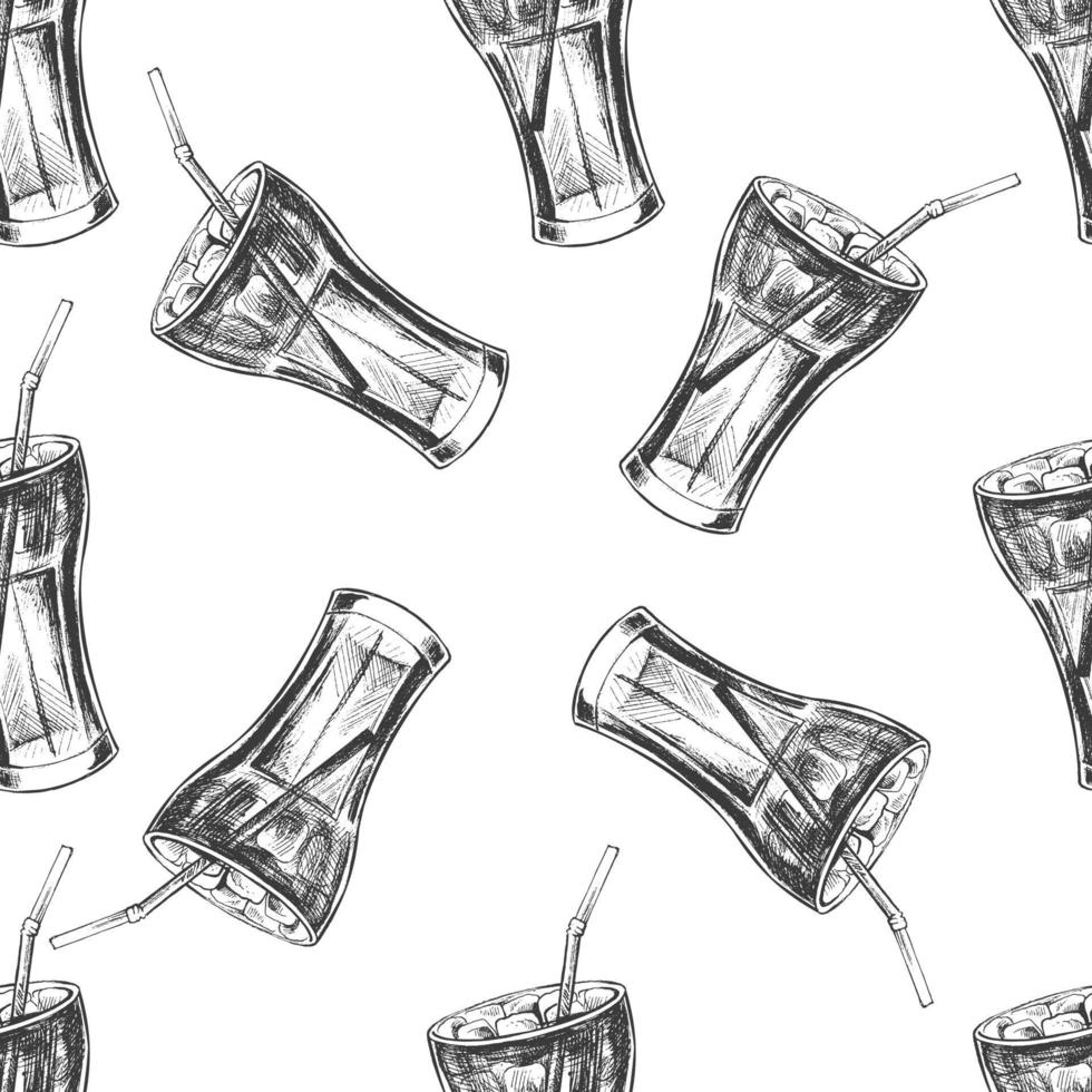 Vector vintage fast food seamless pattern. Hand drawn monochrome junk food illustration of cola glass  with ice. Great for menu, poster or restaurant background.