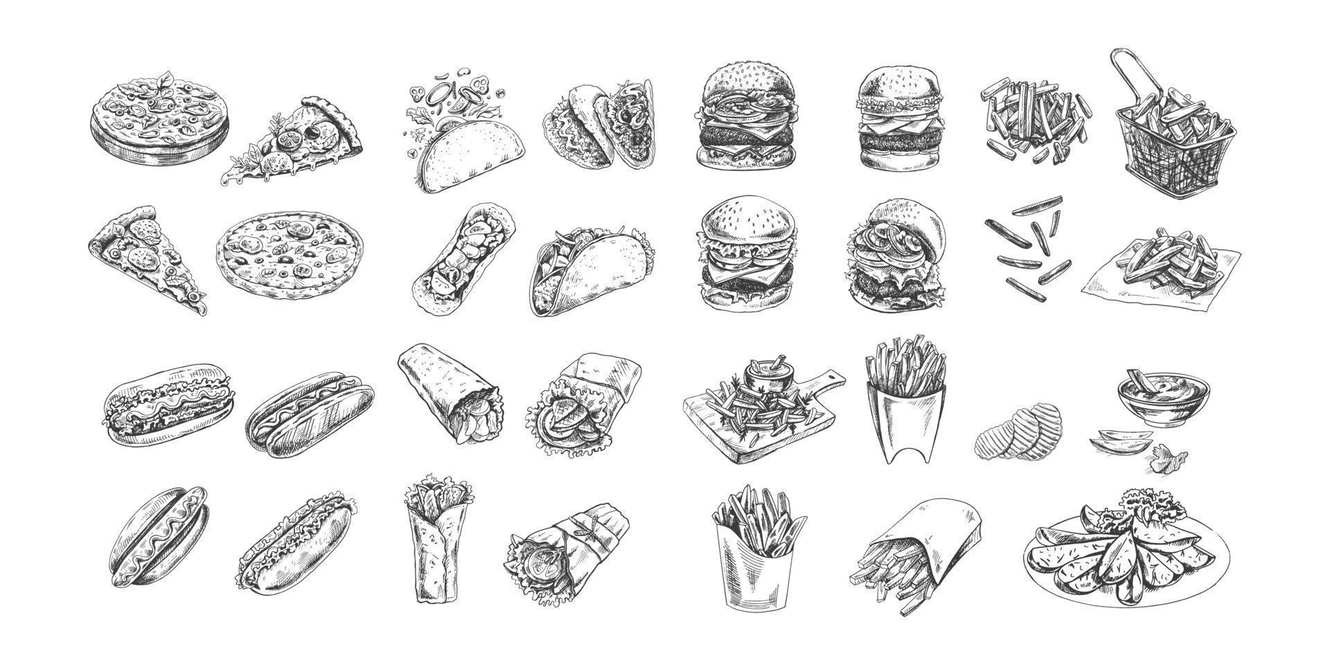 Hand-drawn sketch of burgers, potato french fries, chips,  potato slices, pizza, hot dogs, burritos, tacos set. Vintage illustration. Great for menu, poster or restaurant background. vector