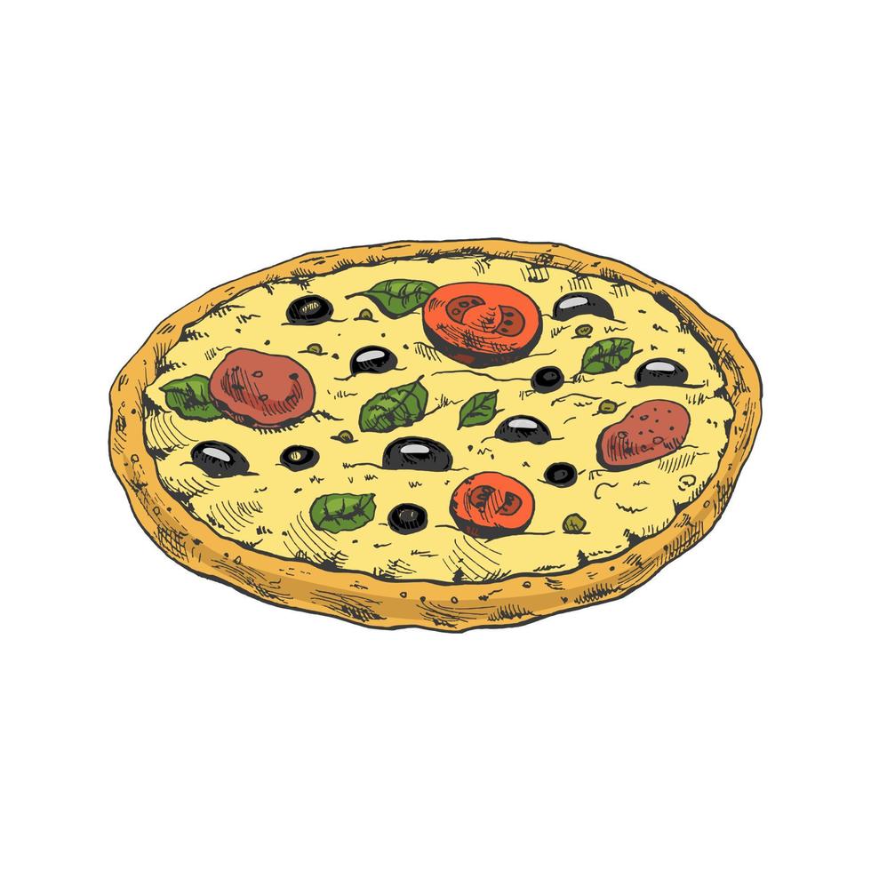 Hand-drawn colored sketch style pizza Margherita. Traditional Italian cuisine. Dough, tomato sauce, melted mozzarella cheese, basil leaves, tomatoes. Vintage illustration. vector