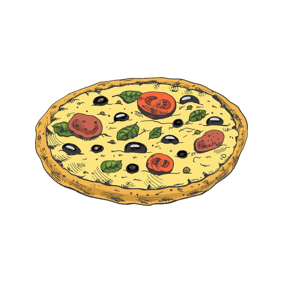 dibujado a mano de colores bosquejo estilo Pizza Margarita. tradicional italiano cocina. masa, tomate salsa, Derretido queso Mozzarella queso, albahaca hojas, Tomates. Clásico ilustración. vector