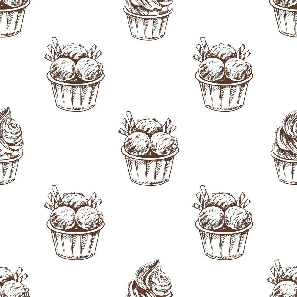 Vector vintage ice cream seamless pattern. Hand drawn monochrome  illustration of  an ice cream balls in a cup. Great for menu, poster or restaurant background.