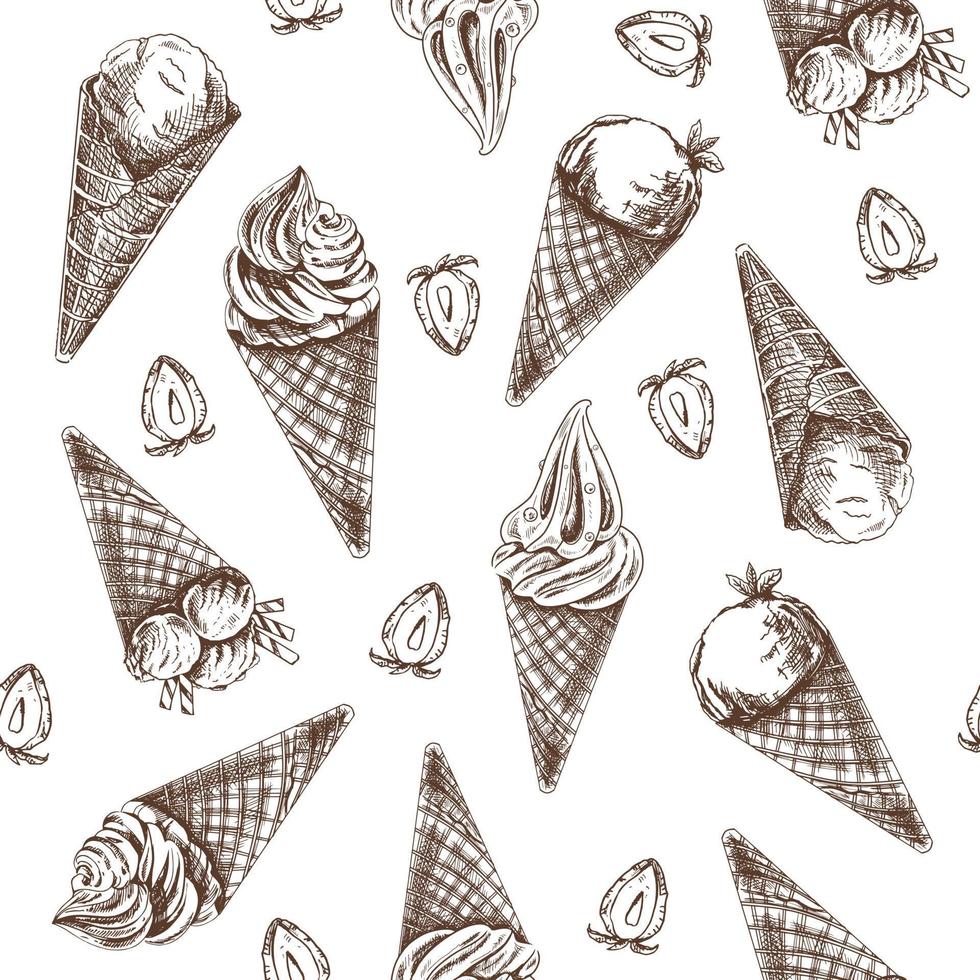 Vector vintage ice cream seamless pattern. Hand drawn monochrome  illustration of  waffle cones with frozen yogurt or soft ice cream and strawberries. Great for menu, poster or restaurant background.