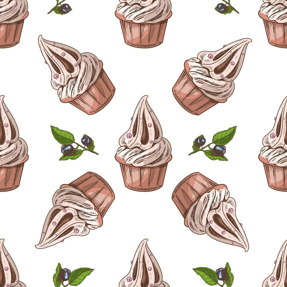 Vector vintage ice cream seamless pattern. Hand drawn colored  illustration of  soft ice cream or frozen yogurt in a cup and blueberry. Great for menu, poster or restaurant background.