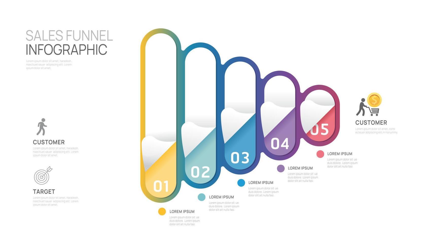 Infographic Sales funnel diagram template for business. Modern  Timeline 5 step level, digital marketing data, presentation vector infographics.