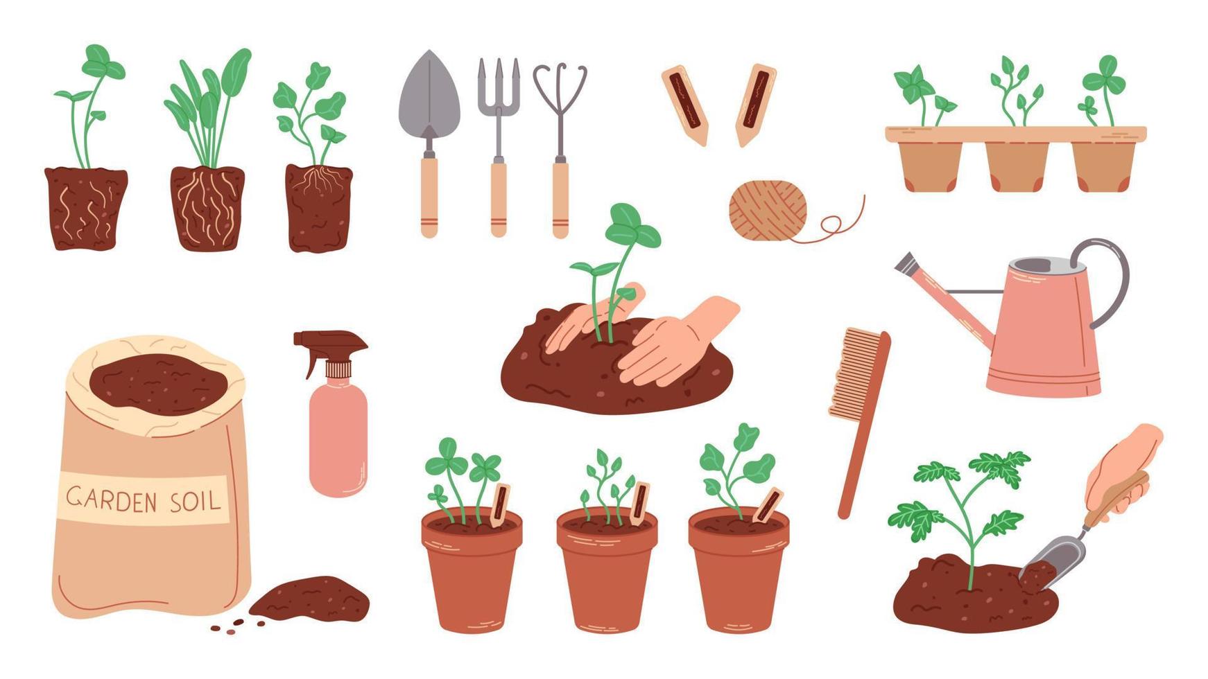 conjunto de objetos para creciente plantas. plano ilustración de plántulas en ollas, suelo para plantando plantando un jardín por humano manos, hogar jardinero. vector
