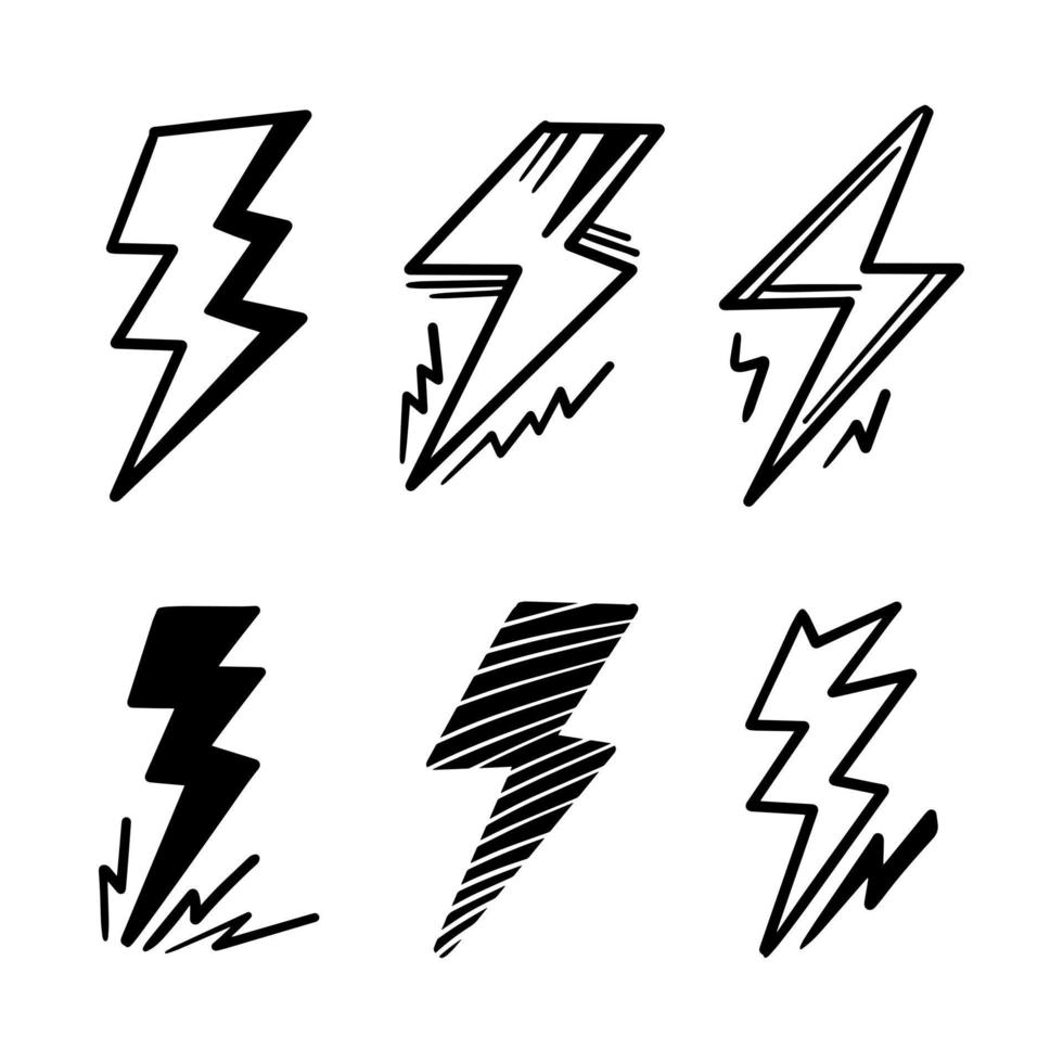 set of hand drawn vector doodle electric lightning bolt symbol sketch illustrations. thunder, vector ilustration