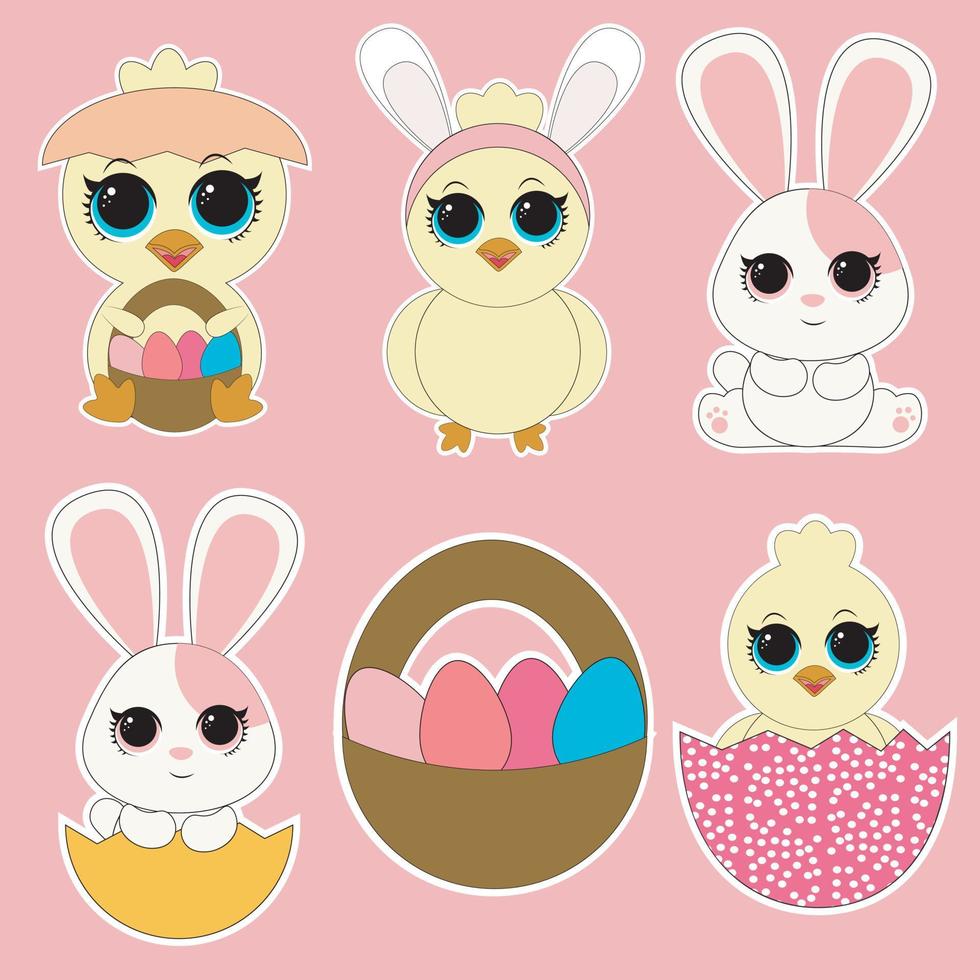 Easter cute bunny with painted eggs set. Adorable easter rabbit with traditional festive decor and calligraphy lettering. vector