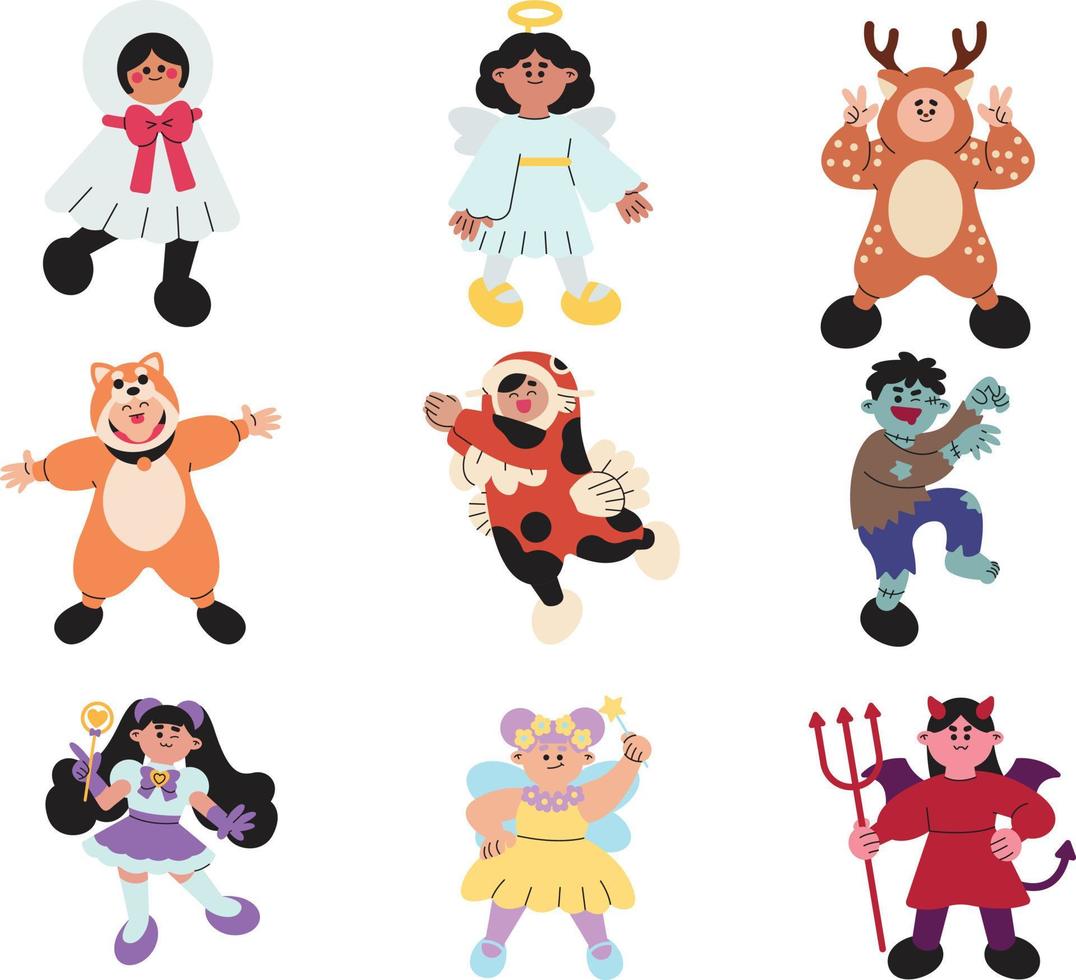 conjunto de linda niños en carnaval disfraces vector ilustración en dibujos animados estilo