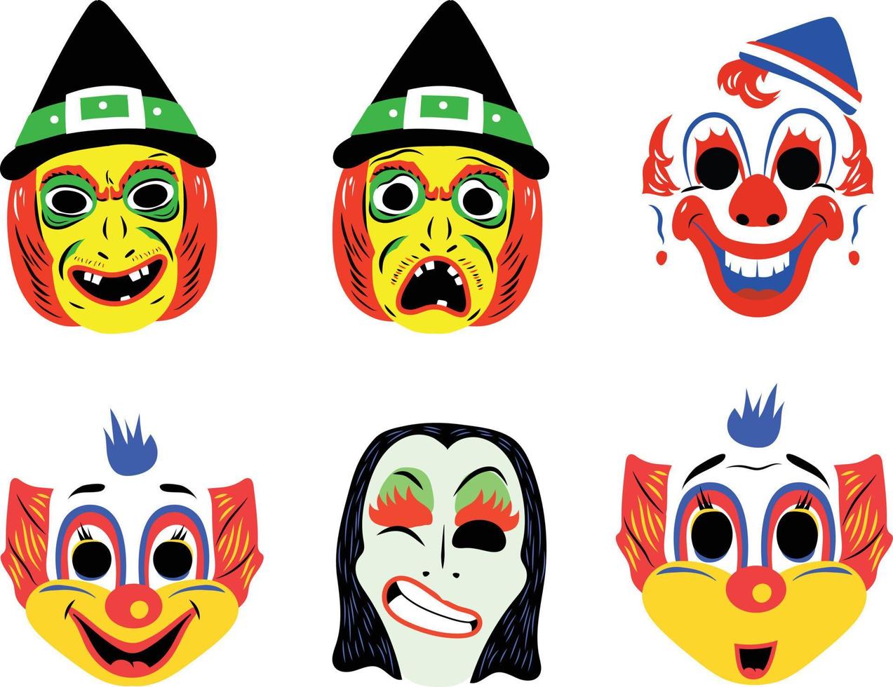 Set of funny masks for Halloween. Vector illustration isolated on white background.