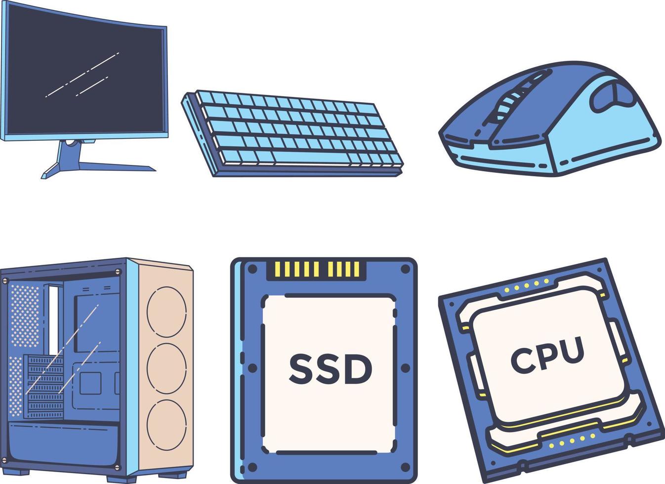 Set of computer components. Vector illustration in cartoon style isolated on white background.