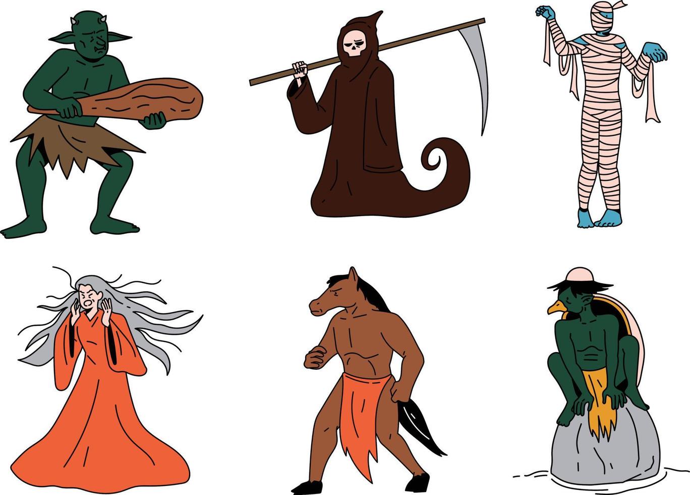 Set of Halloween characters. Witch, pumpkin, zombie, mummy, wizard, Vector illustration