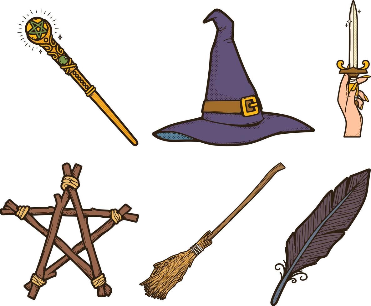 Vector set of witch's hats, broom, hat, wand., Witchcraft and magic.
