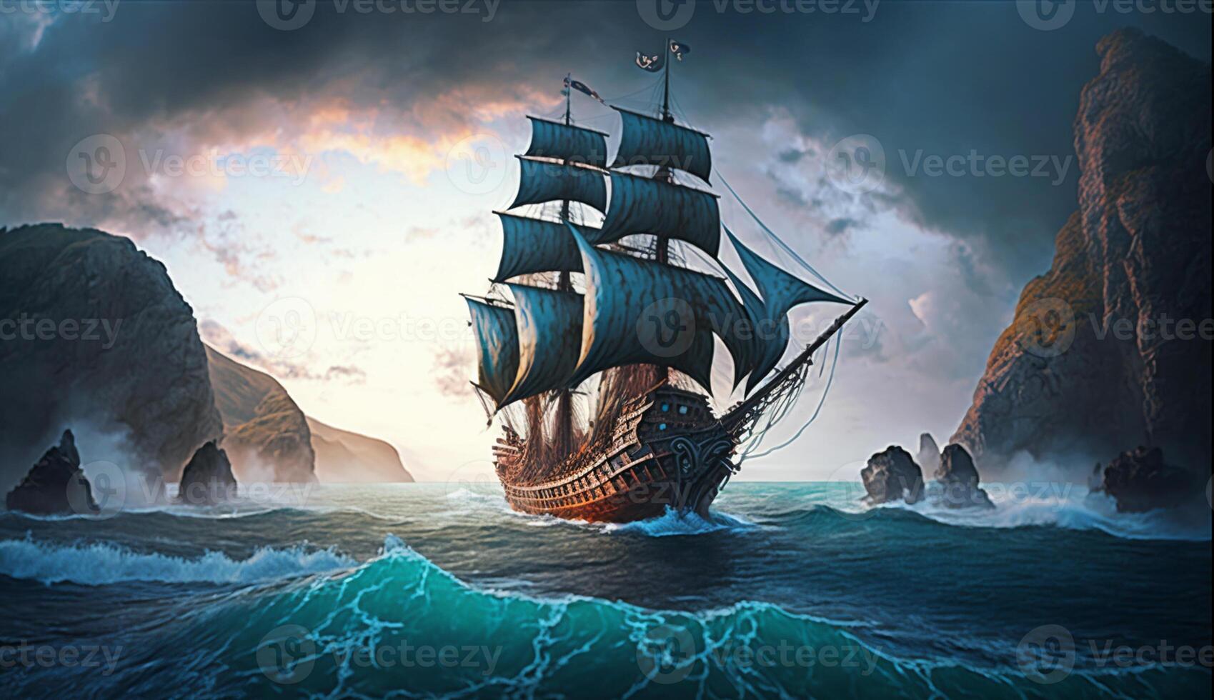 illustration of a classic pirate ship sailing the ocean in the late afternoon, photo