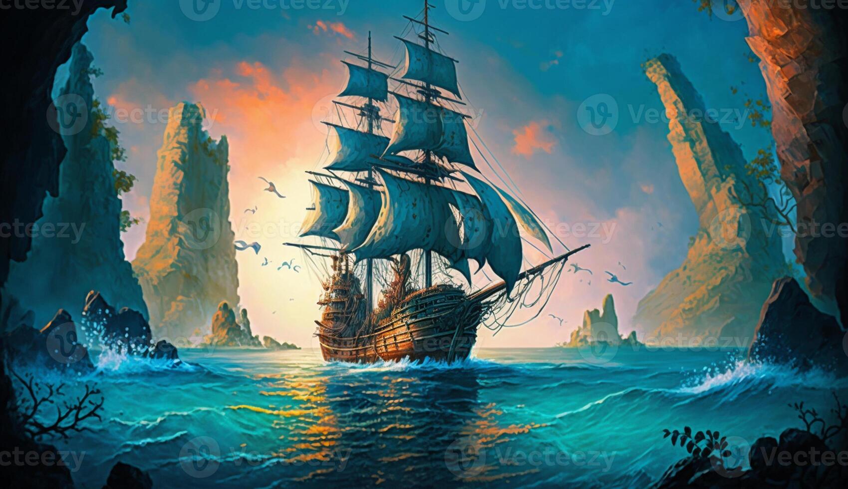 illustration of a classic pirate ship sailing the ocean in the late afternoon, photo